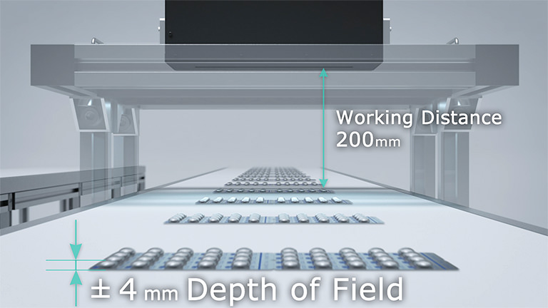 Diagram showing 200mm Working Distance and ±4mm Depth of Field